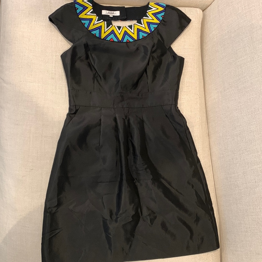 Tibi Black Dress with Colorful Chevron Neckline